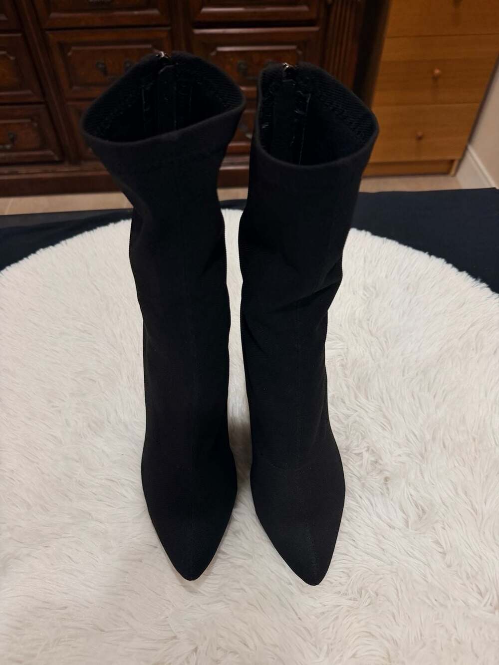 Black Stretchy Fabric Pointed Toe Mid-Calf Sock Boots with Wood-Grain Block Heel